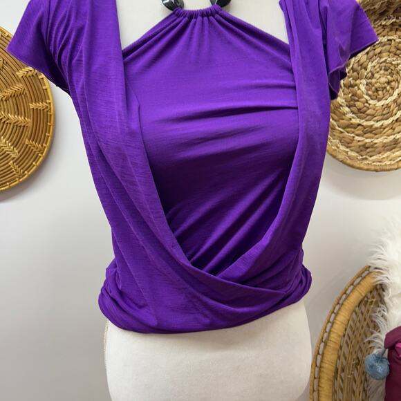 NWT Vintage Y2K 2000s B Wear Purple Short Sleeve Top Small Beaded Halter Tie - Picture 5 of 6